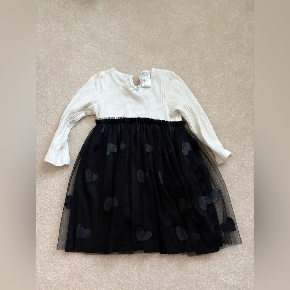 Badgley Mischka Girls White Top with Black Heart Tulle Skirt Dress